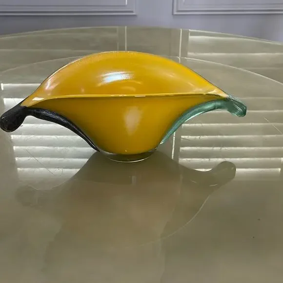 Handmade Blown Glass Vase Candy Bowl Yellow Iridescent